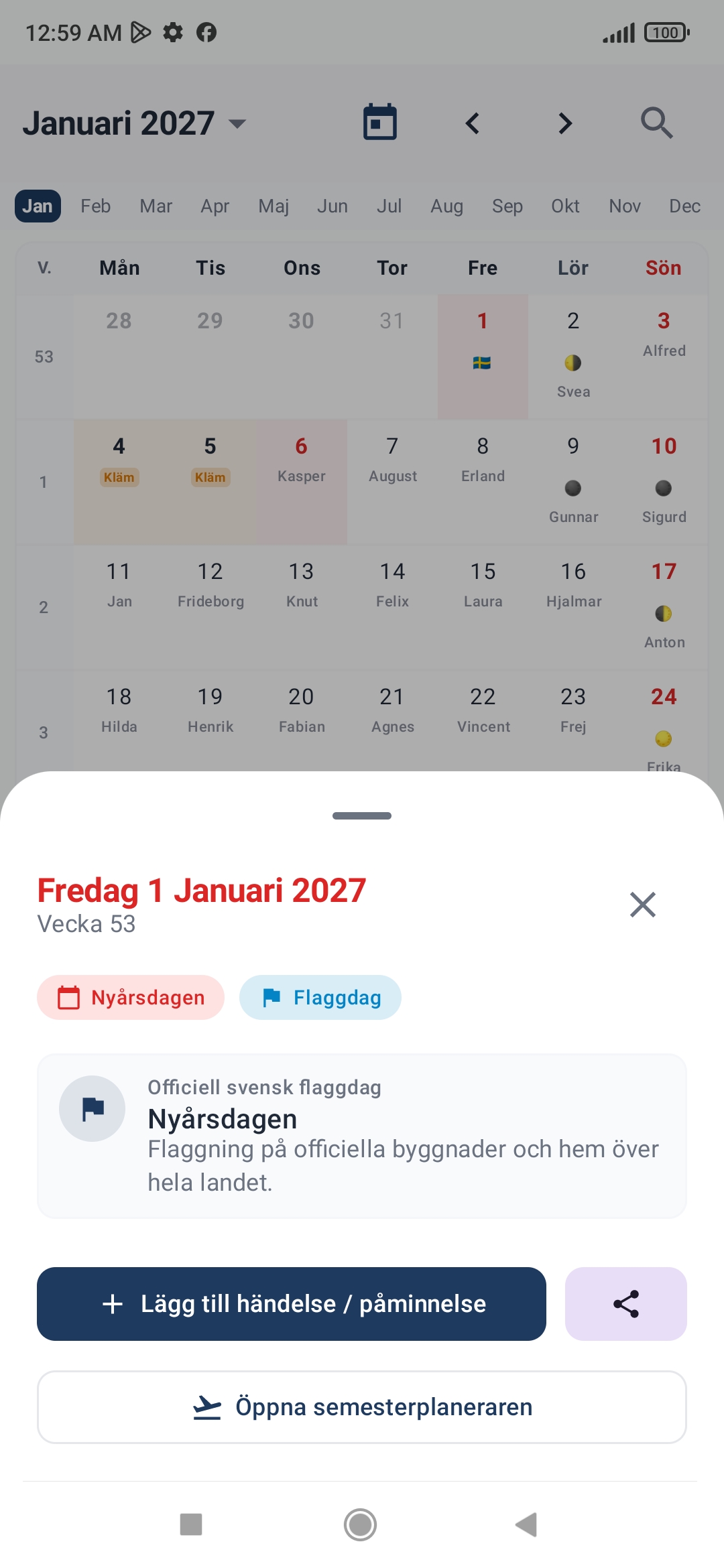 Kalender 2027 svensk månadsvy med röda dagar och veckonummer